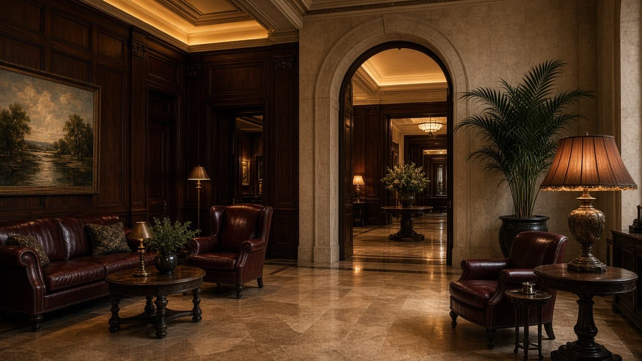 Lobby de Residencia Porteña con nogal y luz ámbar